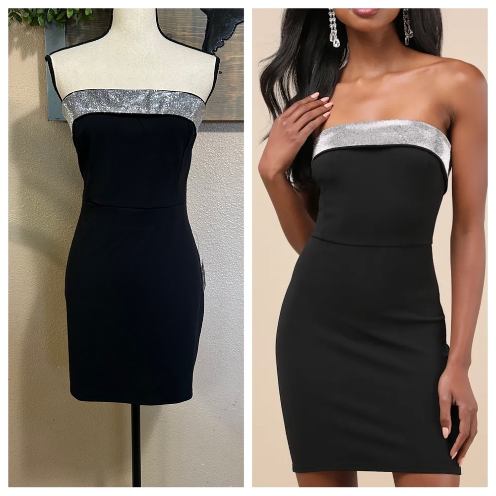 NWT Lulus Unbelievable Sparkle Black Rhinestone Strapless Mini Dress